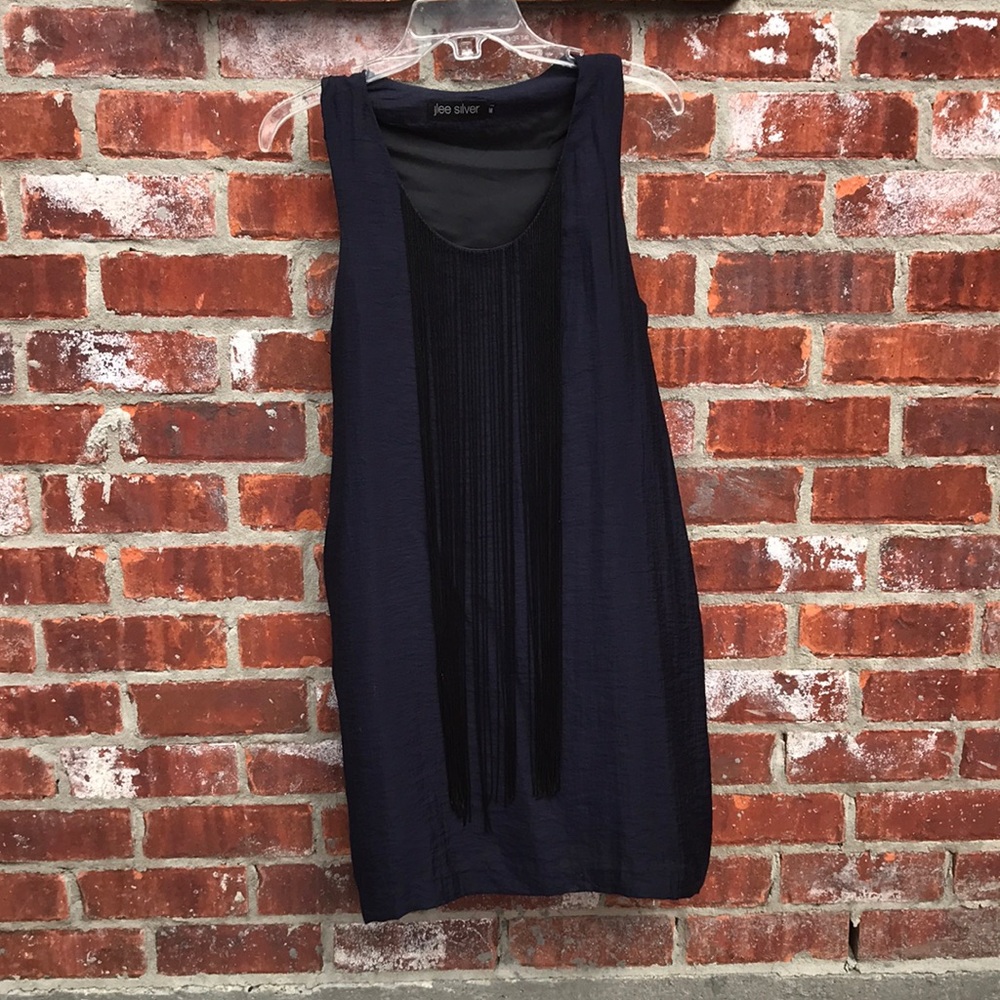 Navy dress with black fringe. HAS POCKETS!
